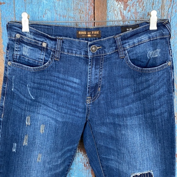 Ring Of Fire Mens Patch Slim Fit Jeans - Picture 3 of 12